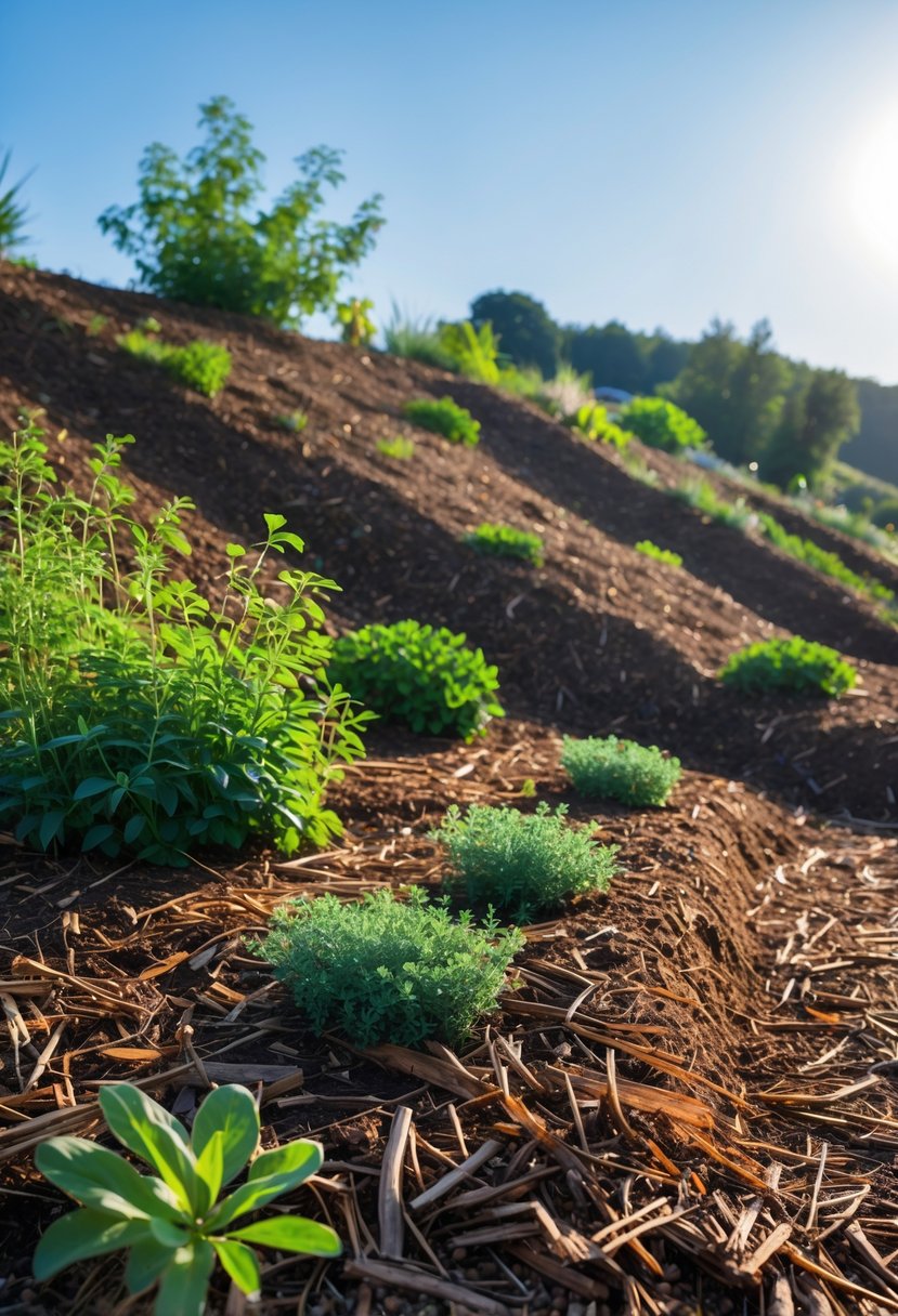 A hillside garden with green plants and mulch spread over the soil to prevent erosion under a clear blue sky.