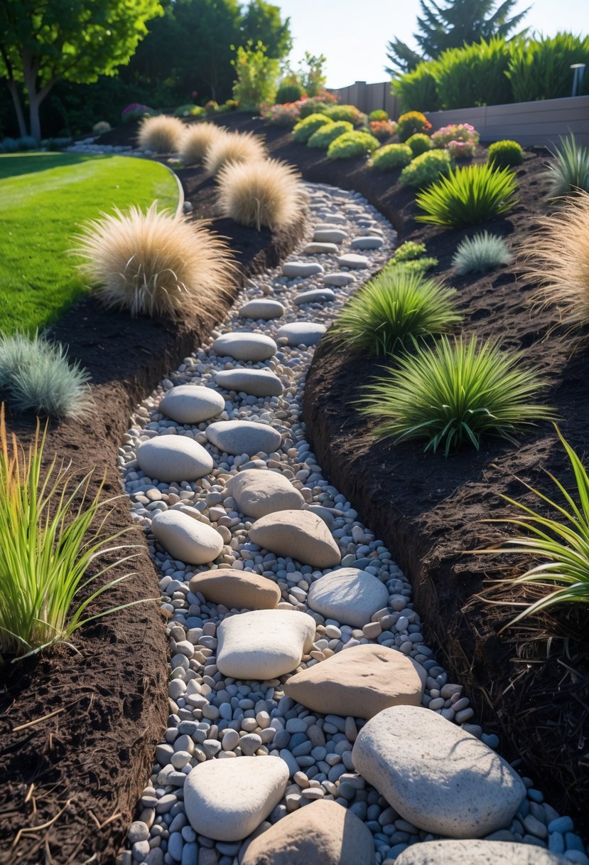 A dry creek bed with rocks and plants on a garden hill under a clear sky.