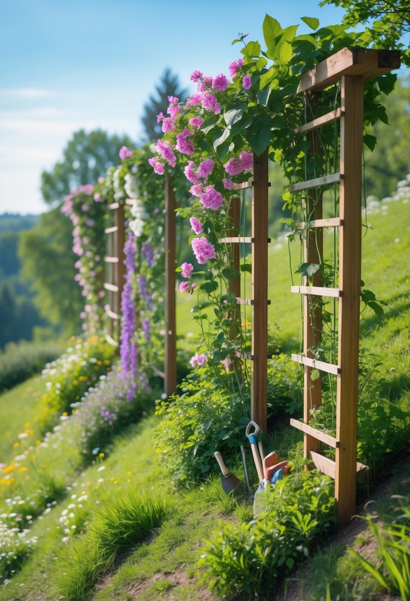 A hill with wooden trellises covered in colorful flowering vines surrounded by grass and wildflowers under a clear sky.
