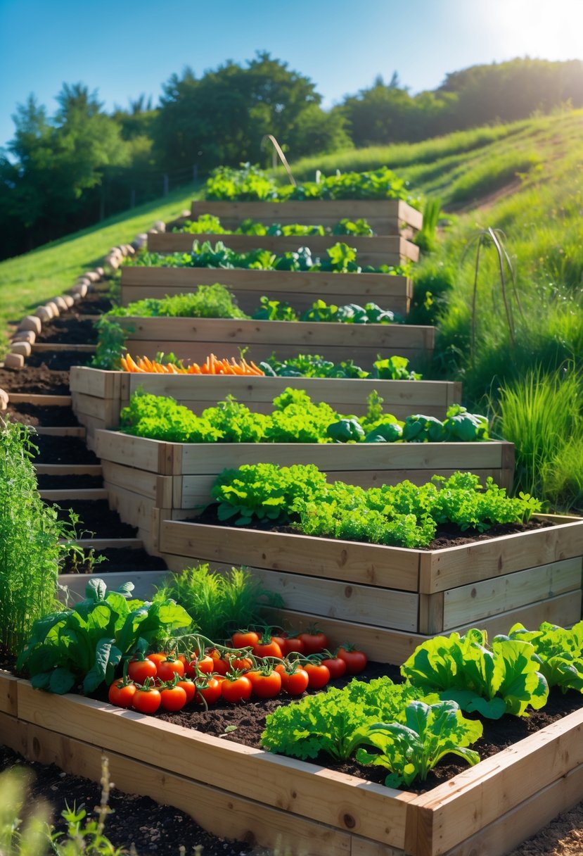 A vegetable garden with tiered wooden beds on a hillside, filled with various growing vegetables and surrounded by grass and wildflowers.