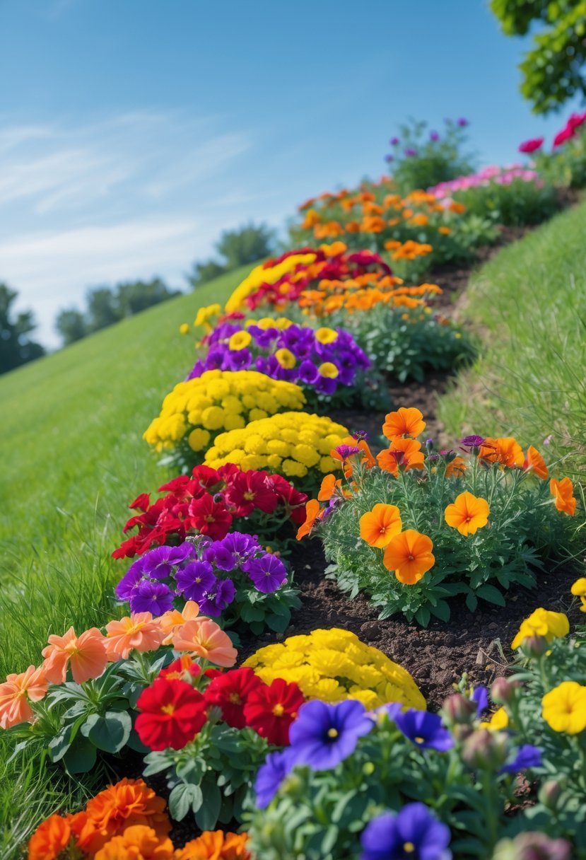 A colorful garden with clusters of bright annual flowers on a grassy hill under a clear blue sky.