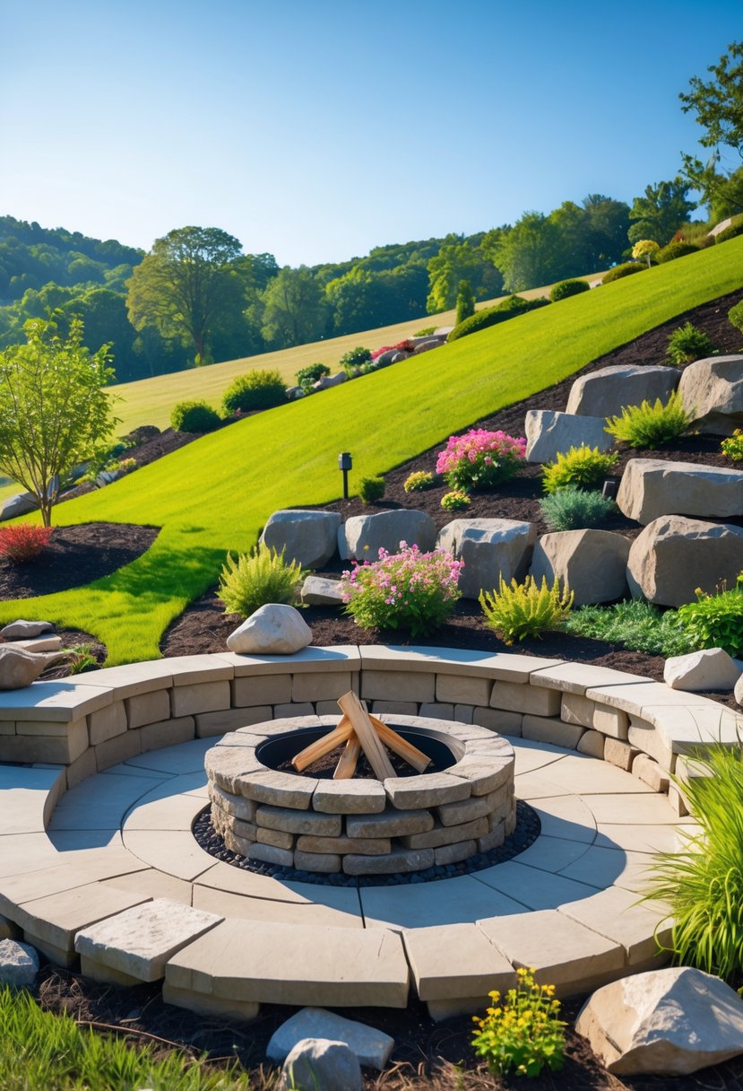 A fire pit area with stone seating on a flat part of a grassy hill surrounded by plants and trees.