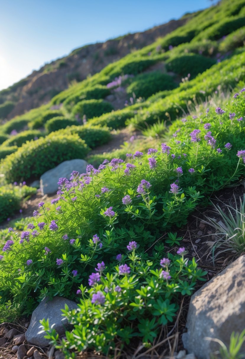 A hillside covered with dense green creeping thyme plants with small purple flowers under a clear sky.