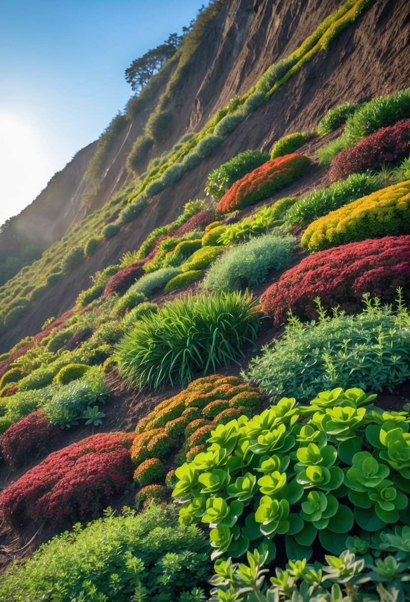 A steep hillside densely covered with various colorful sedum plants stabilizing the slope.