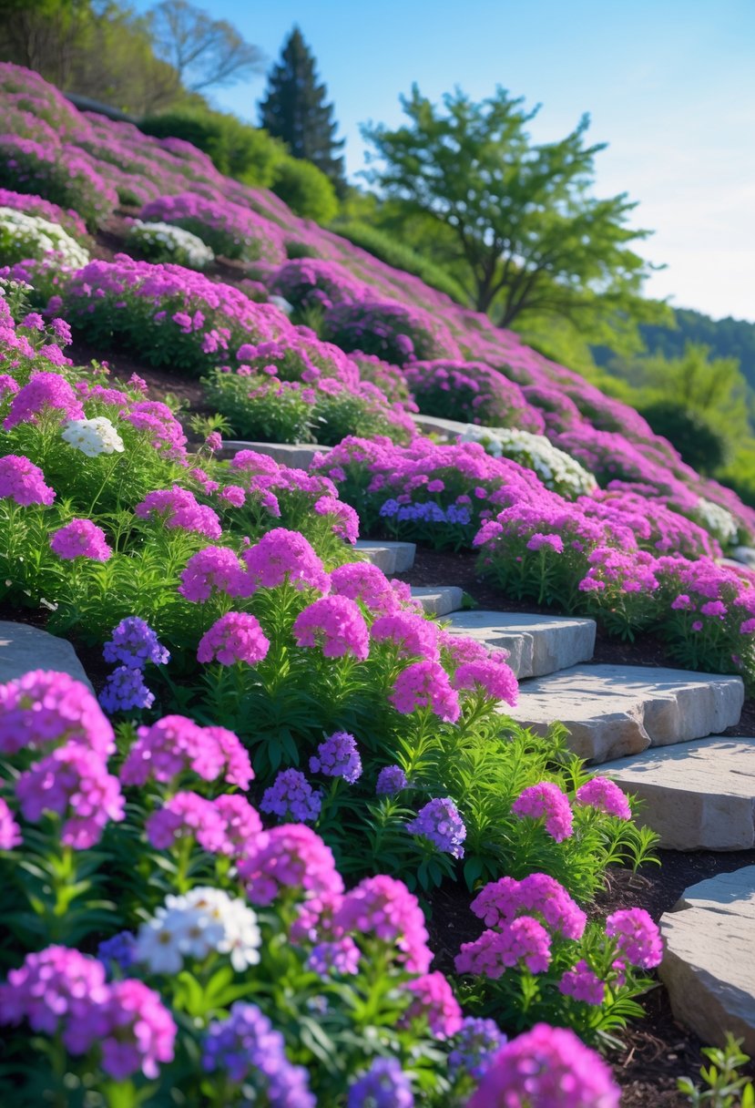 A hillside garden covered with colorful creeping phlox flowers and a stone pathway under a clear blue sky.
