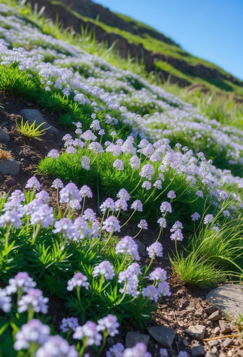 A hillside covered with clusters of small white and pale purple sweet alyssum flowers and green plants under a clear blue sky.