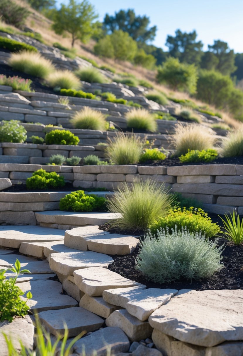 A hillside garden with stone terraces and low-maintenance plants arranged to prevent erosion.
