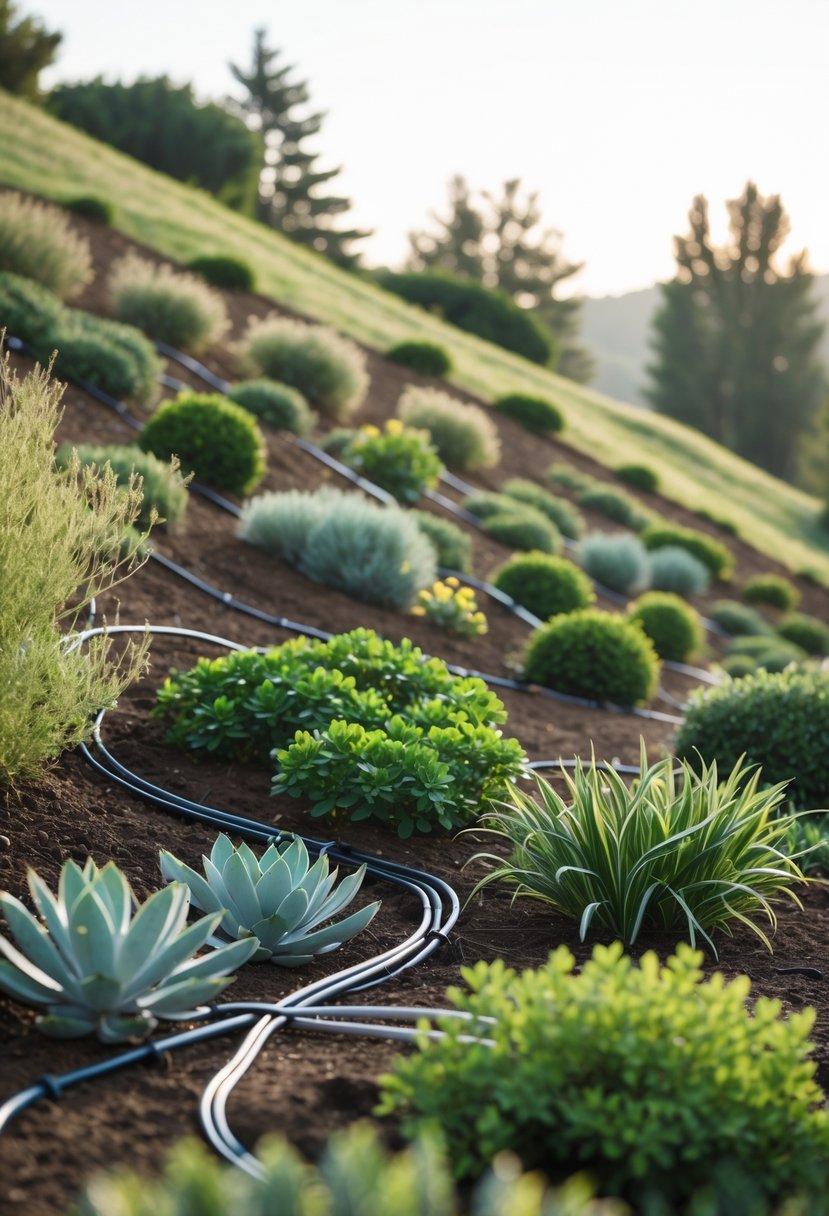 A garden on a hill with drip irrigation tubes watering drought-tolerant plants and shrubs.
