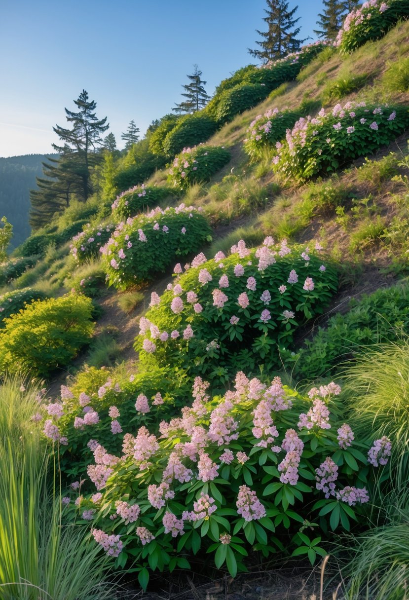A hillside covered with green mountain laurel shrubs blooming with pink and white flowers under a clear blue sky.