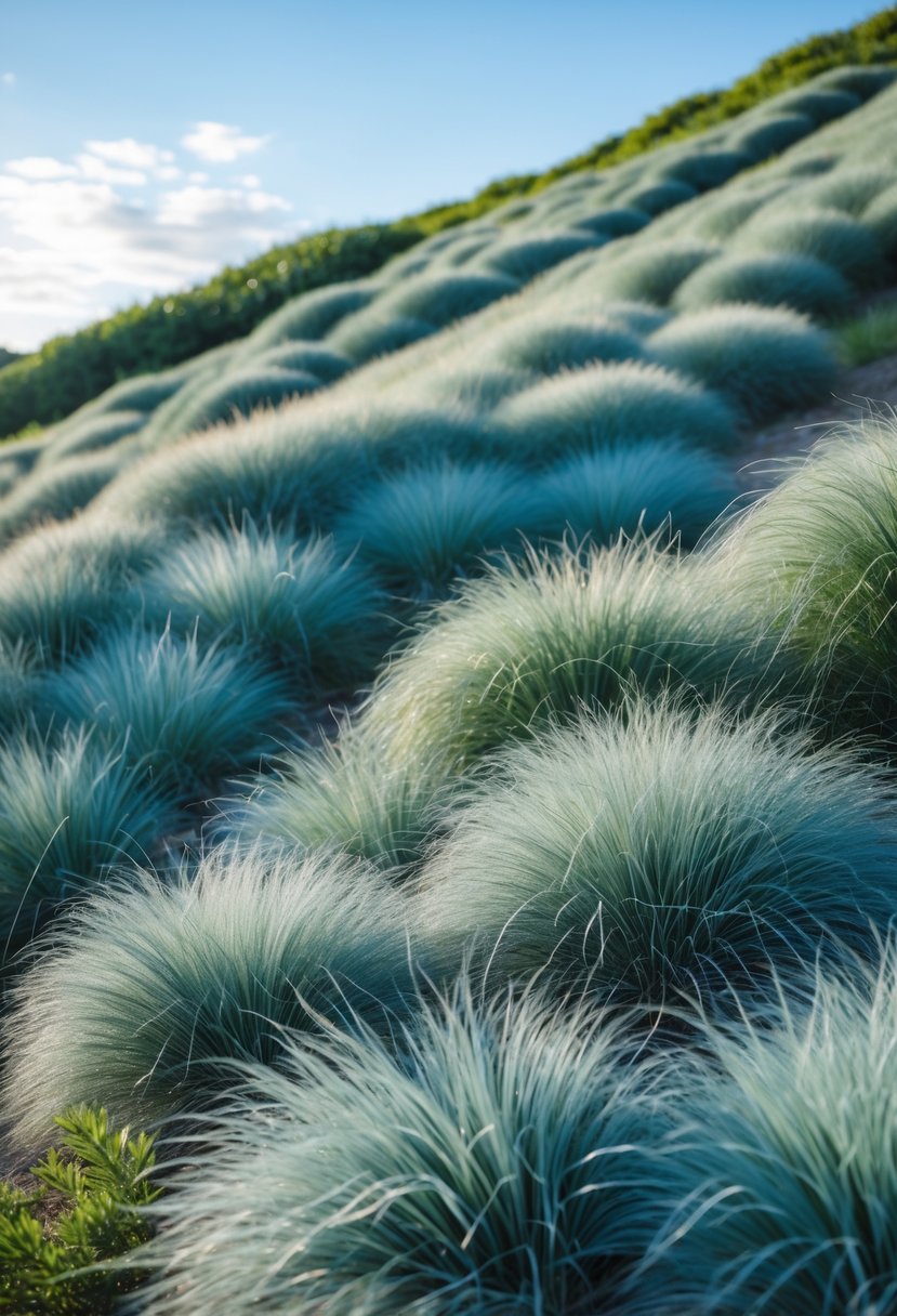 A hill covered with dense clusters of blue fescue ornamental grasses under a clear blue sky.