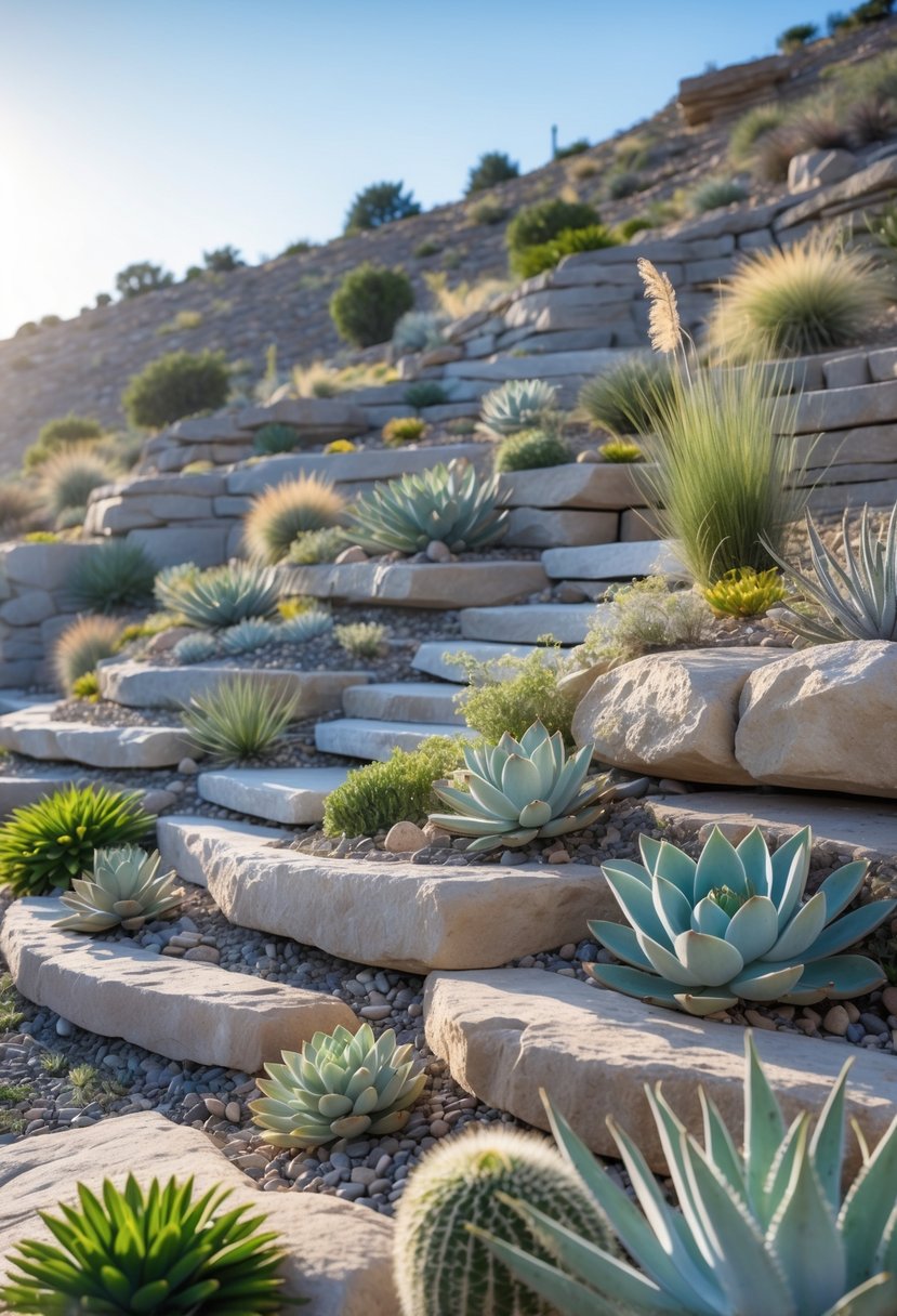 A hillside with rock gardens planted with drought-tolerant plants and low-maintenance landscaping.