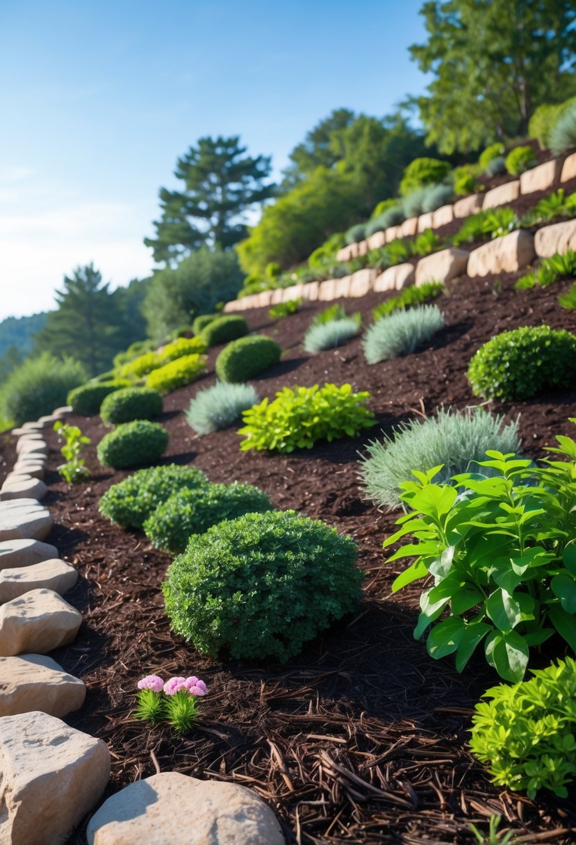 A hillside garden with mulch around green shrubs and flowering plants on a gentle slope under a clear sky.