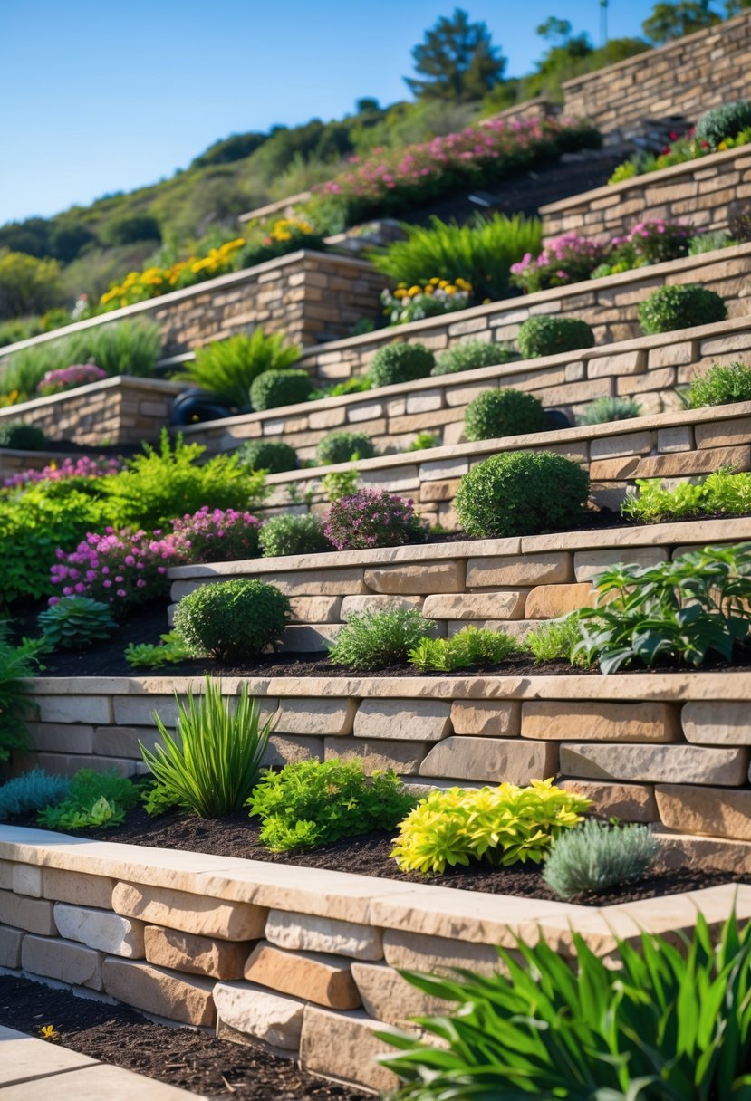 A hillside garden with tiered natural stone retaining walls and various plants growing on each level.