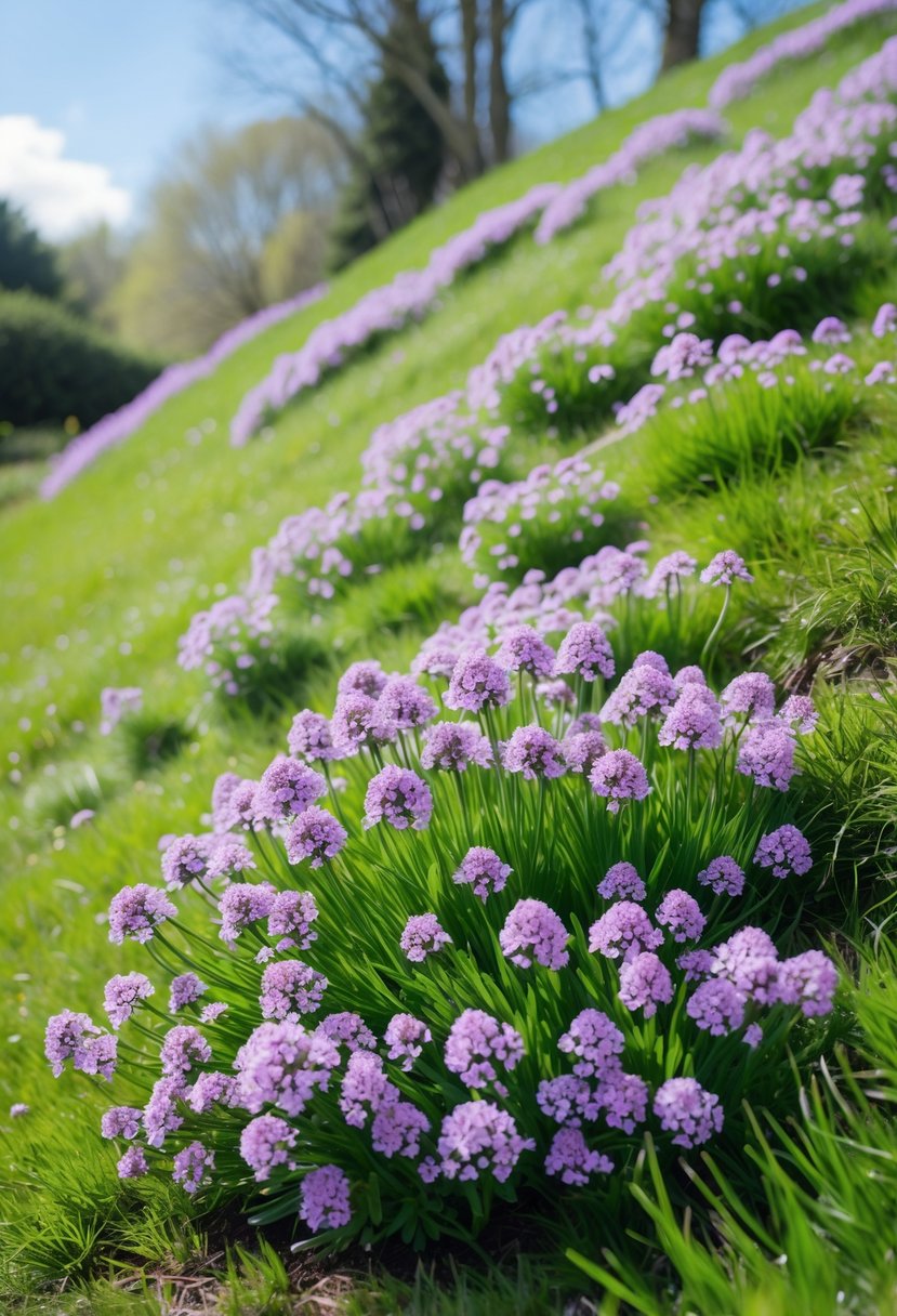 A sloping garden hill covered with green grass and blooming purple and white rock cress flowers in early spring.