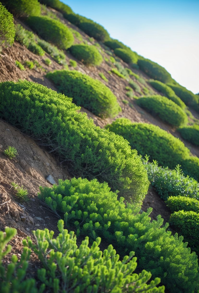 A hillside covered with dense low-growing juniper shrubs holding the soil firmly in place.