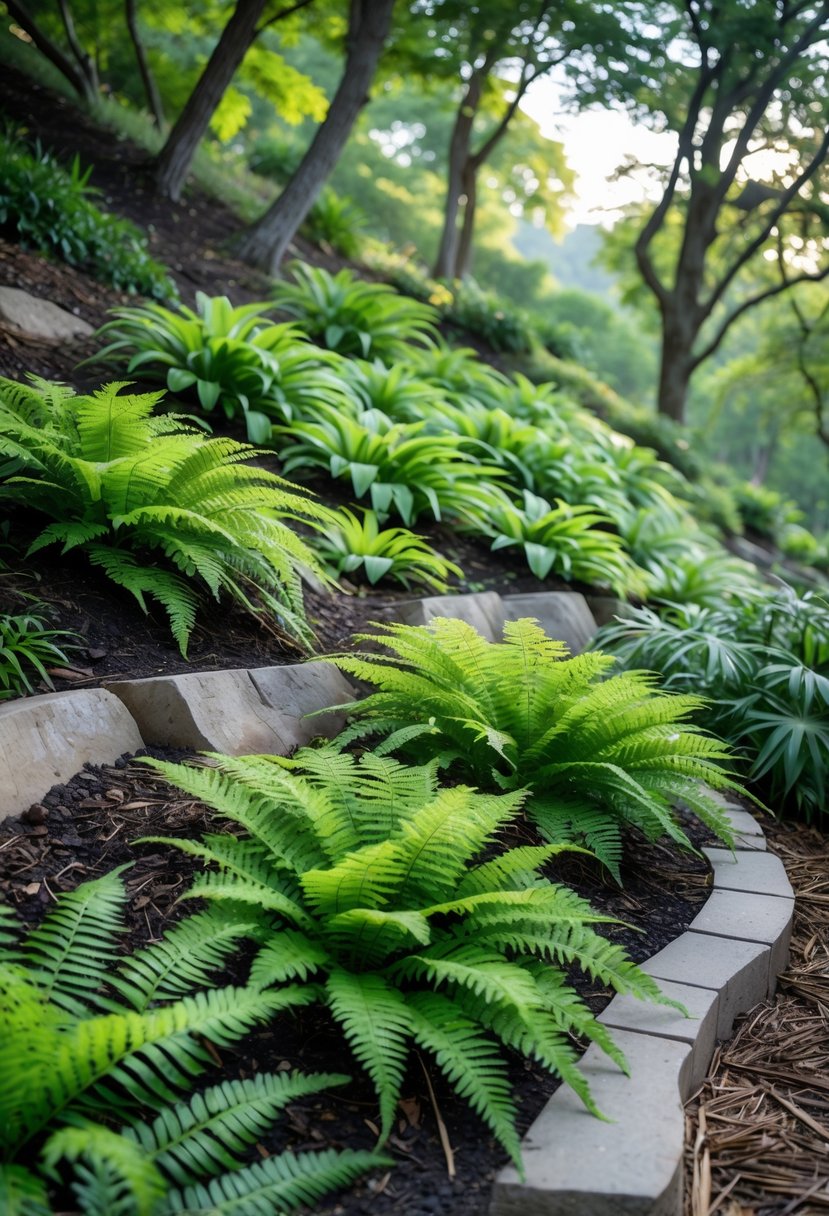 A shaded hillside garden covered with green hardy ferns and low-maintenance plants.