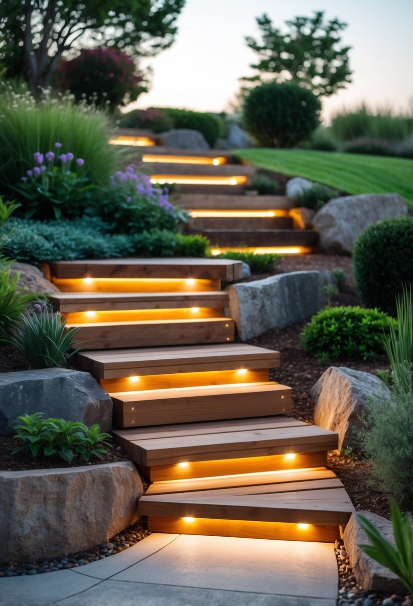 Wooden steps with built-in lighting on a grassy hill surrounded by plants and shrubs.