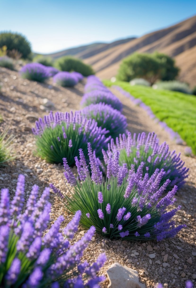 A hillside garden with rows of blooming lavender plants surrounded by dry soil and rolling hills under a clear sky.