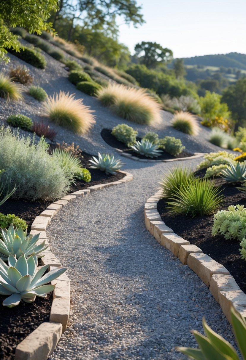 A gravel pathway winding through a hillside garden with low-maintenance plants and natural stone edging under a clear sky.
