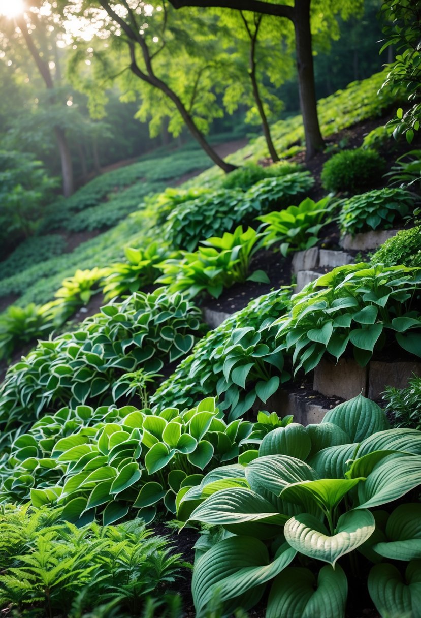 A hillside covered with green hosta plants growing in shady spots, creating a lush and peaceful garden scene.