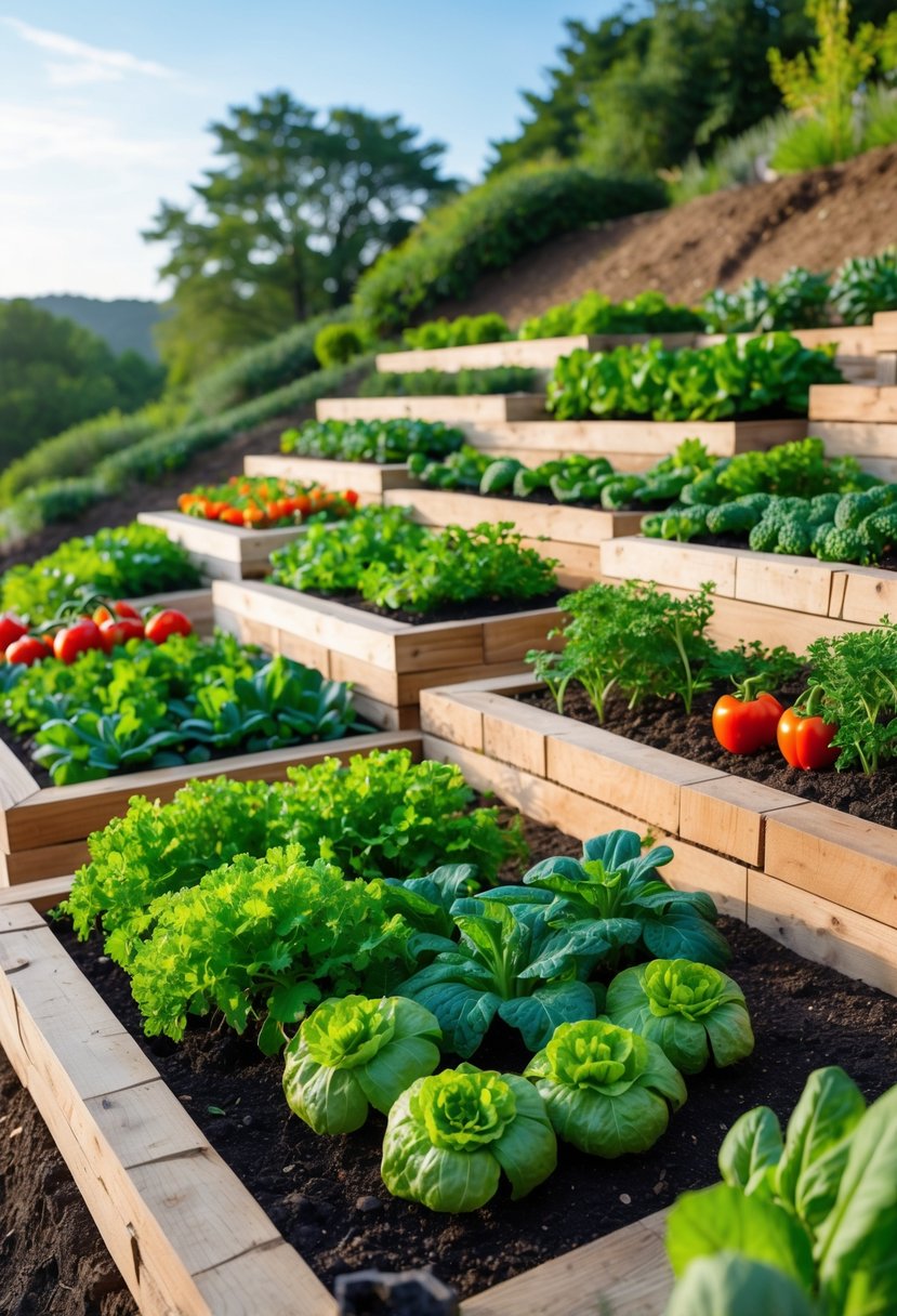 A hillside garden with terraced raised beds planted with various vegetables on a sunny day.
