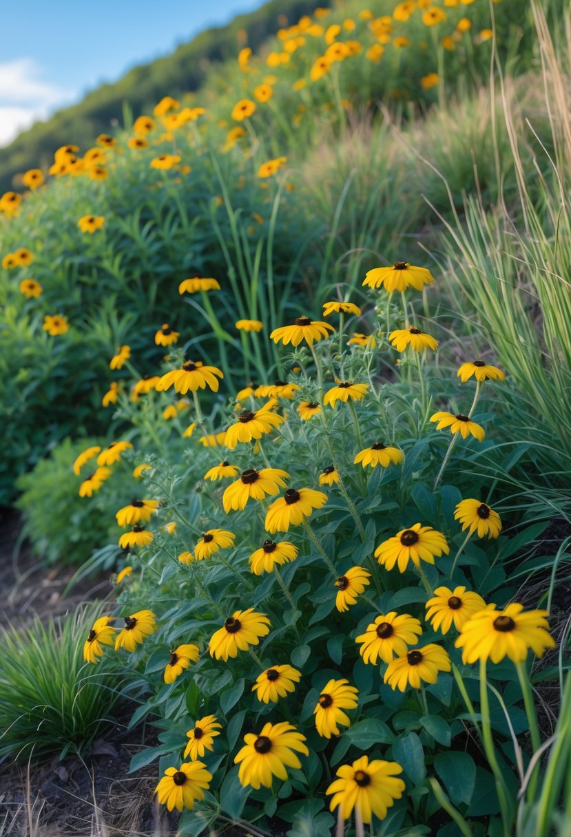 A hillside garden filled with bright yellow black-eyed Susans and green plants under a clear blue sky.