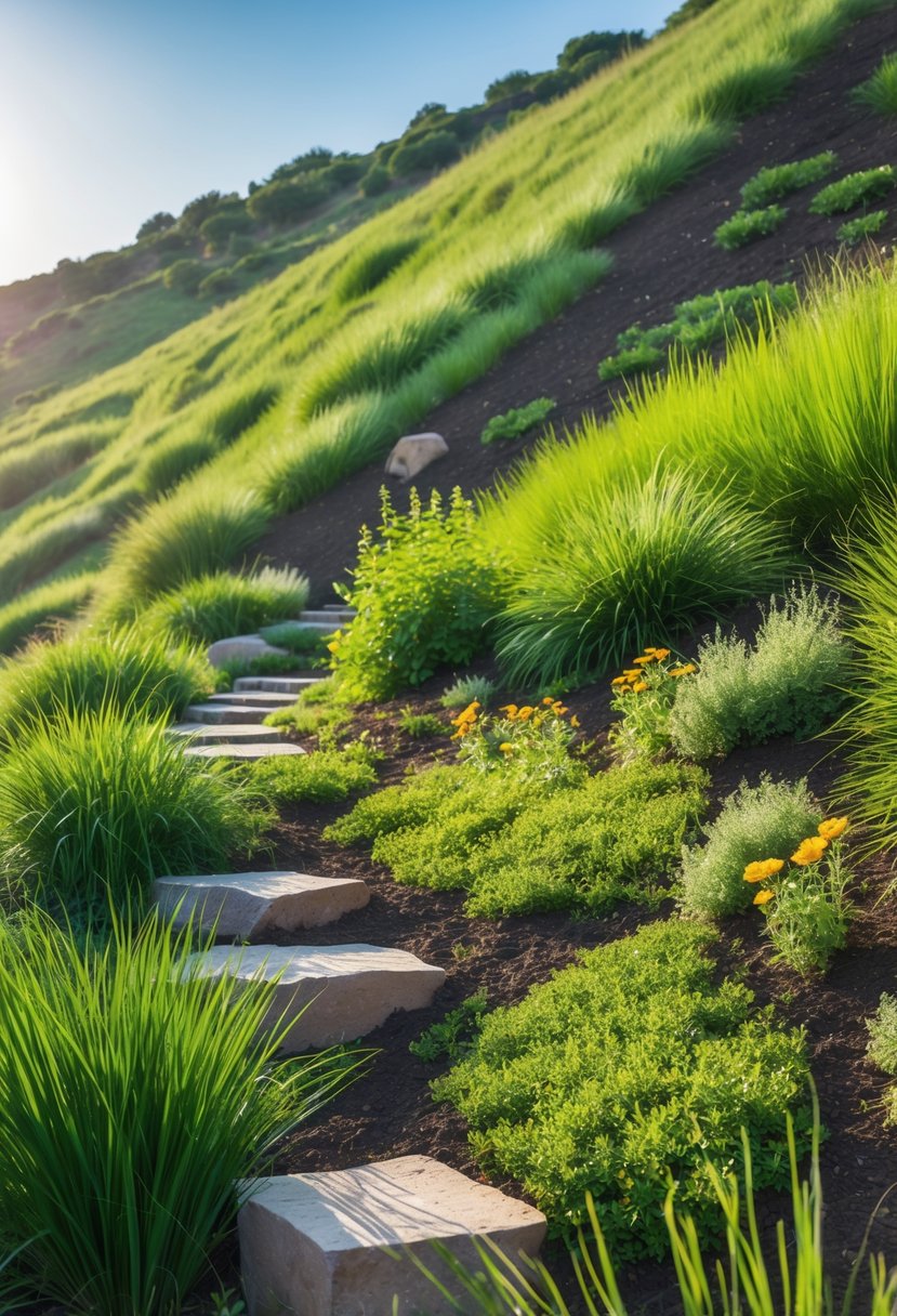 A hillside garden with dense native grasses, stone pathways, and small wildflowers preventing soil erosion under a clear blue sky.
