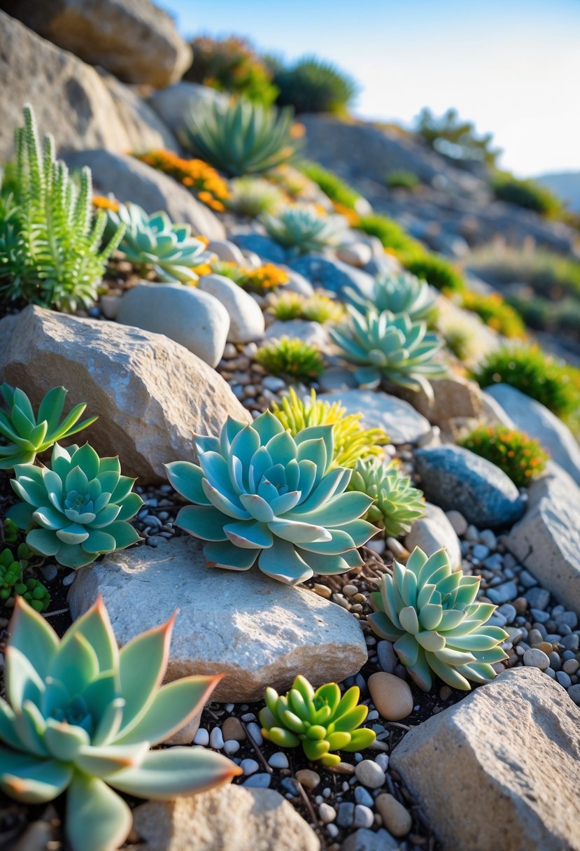A rock garden on a hill with various succulents and alpine plants arranged among natural stones under a clear sky.