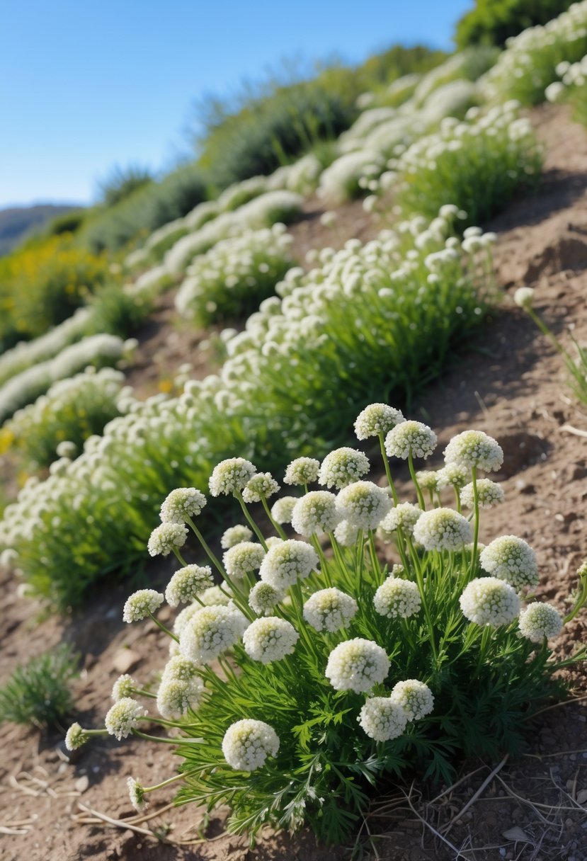 A hill covered with blooming yarrow plants under a clear blue sky.
