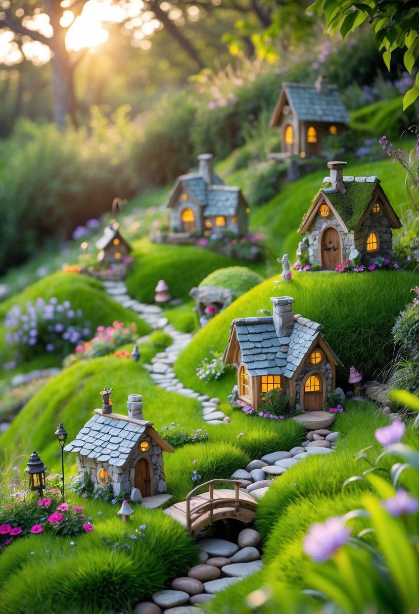 A small fairy garden on a hill with miniature houses, flowers, grass, and tiny pathways surrounded by trees.