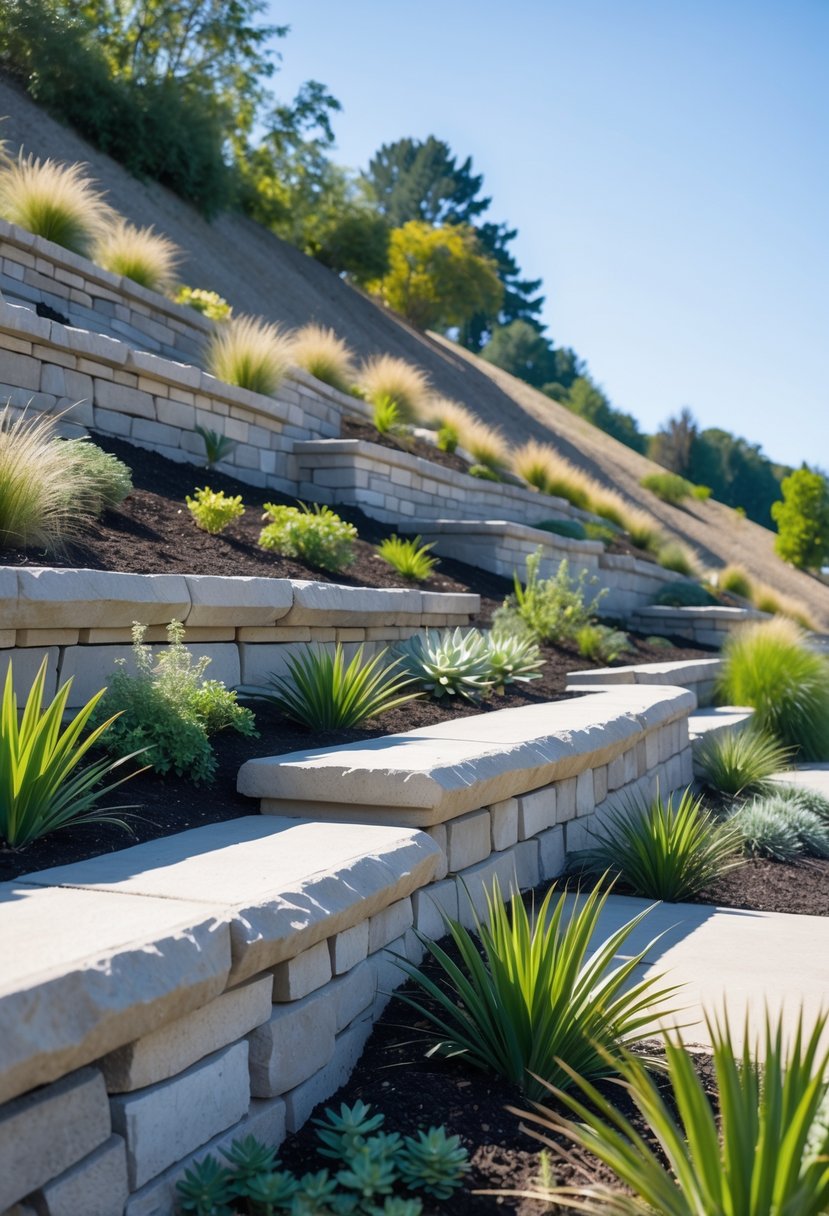 A hillside with natural stone retaining walls and low-maintenance garden plants under a clear sky.