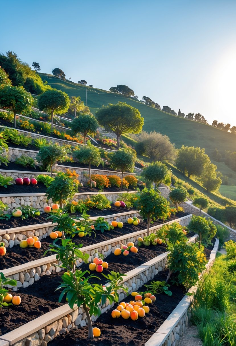 A hillside with level terraces planted with various fruit trees bearing colorful fruits under a clear sky.