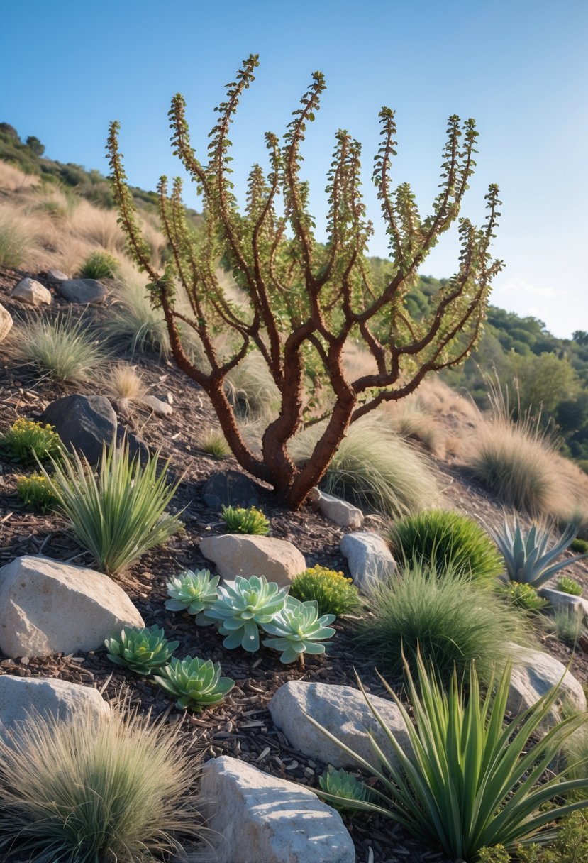 A corkscrew hazel shrub on a grassy hill surrounded by low-maintenance plants and rocks under a clear sky.