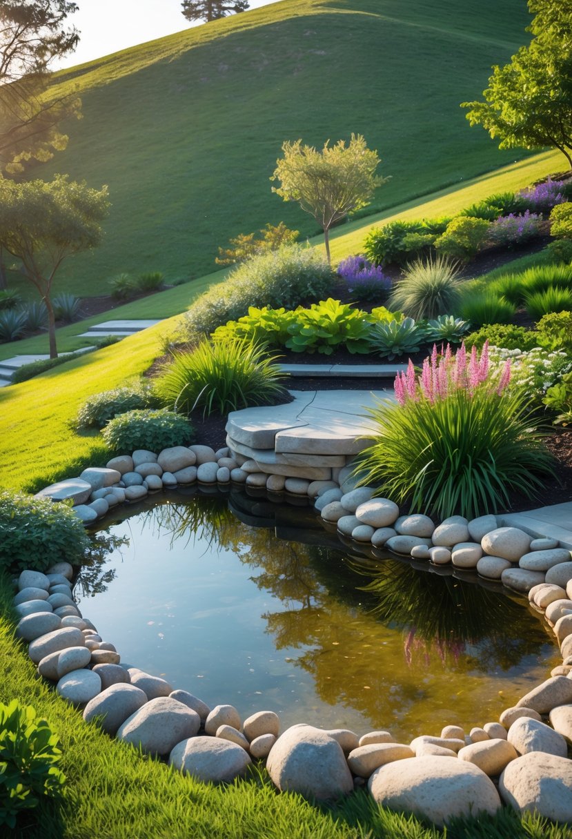 A small pond at the lowest point of a grassy hill surrounded by plants and stones.