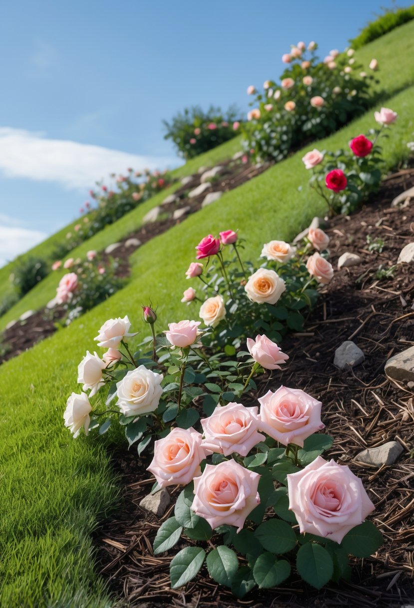 A hillside garden with clusters of small roses, including miniature and shrub varieties, growing among green grass under a clear sky.
