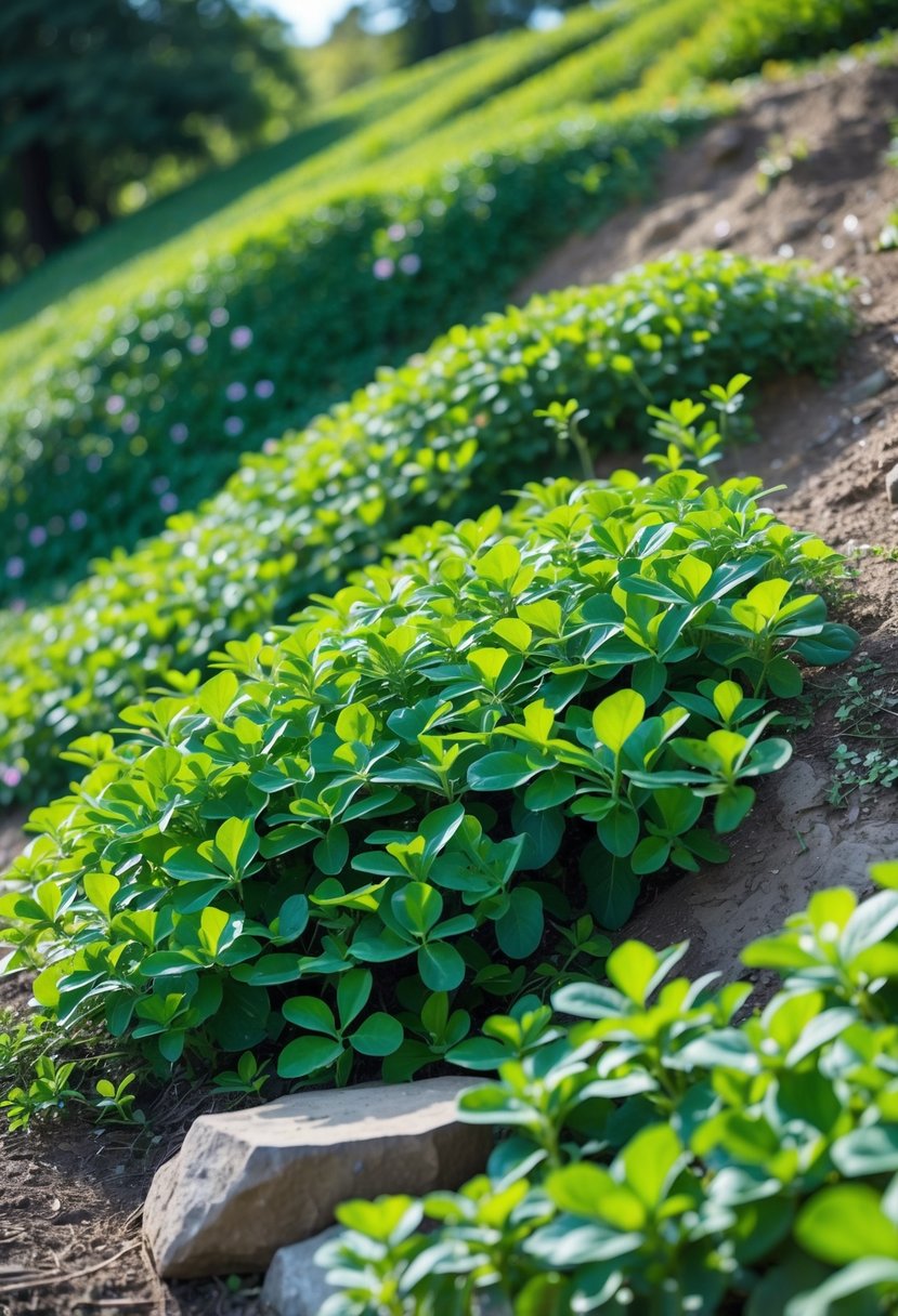 A hill covered in dense green Vinca minor plants with small purple-blue flowers, showing a low-maintenance garden groundcover.