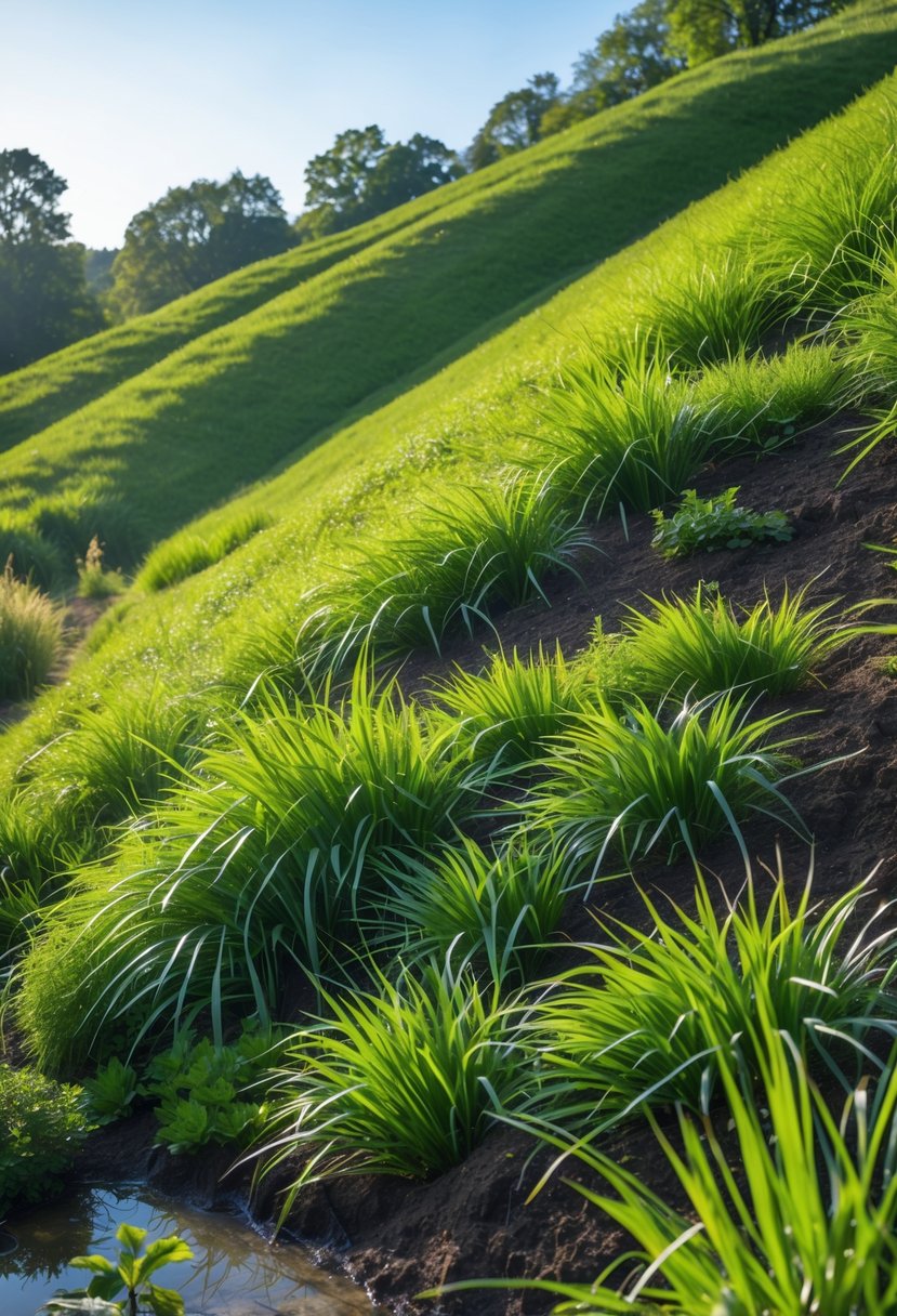 A green hillside densely planted with sedges and native plants to control erosion under a clear sky.