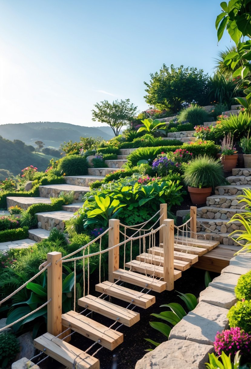 A rope bridge installed over terraced garden beds on a hillside with green plants and flowers.