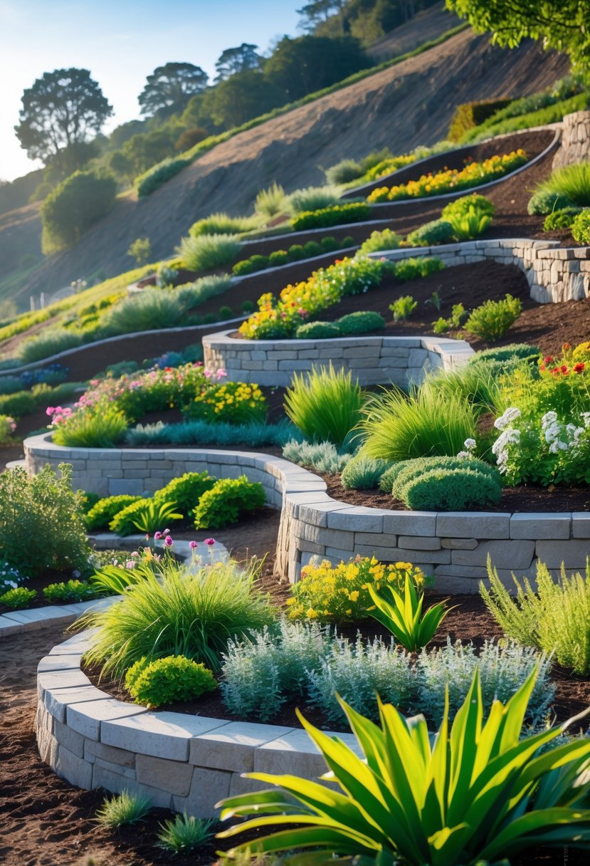 Curved garden beds filled with plants and flowers arranged along the contour of a green hillside under a clear sky.