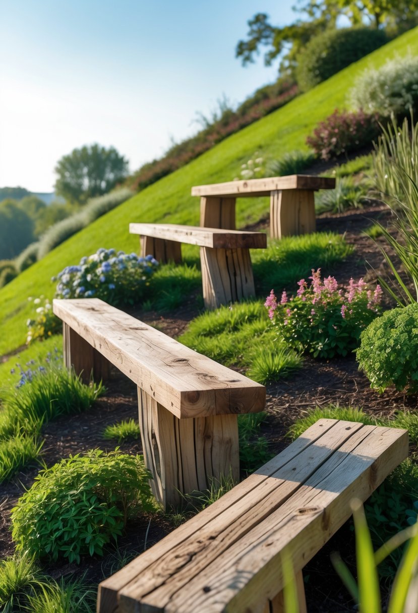 Benches made from reclaimed wood placed on a grassy hill surrounded by plants and trees.
