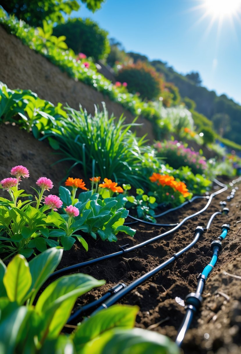 A hillside garden with green plants and flowers using drip irrigation tubes to water the plants.