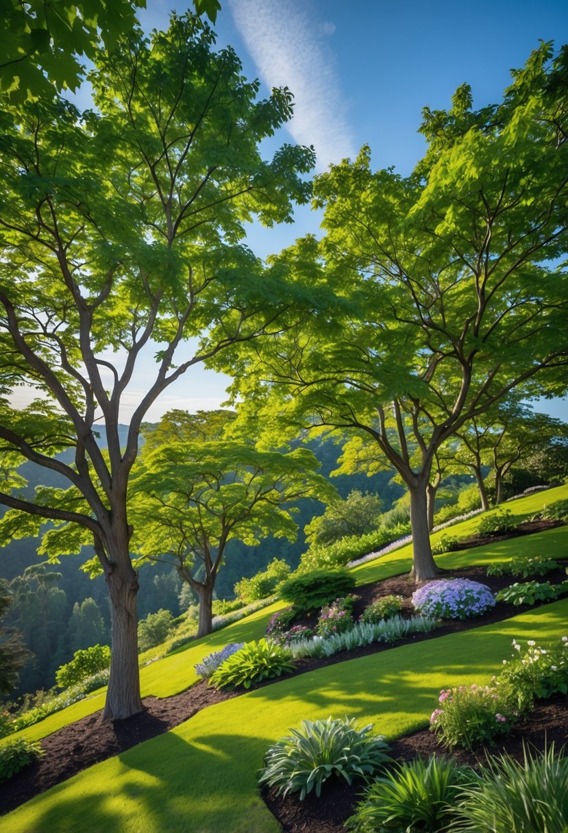 A hilltop garden with mature maple shade trees, green grass, and flowering plants under a blue sky.