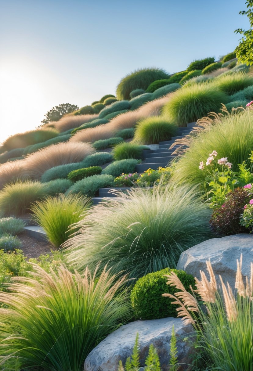 A hillside garden filled with ornamental grasses gently moving in the breeze under a clear sky.