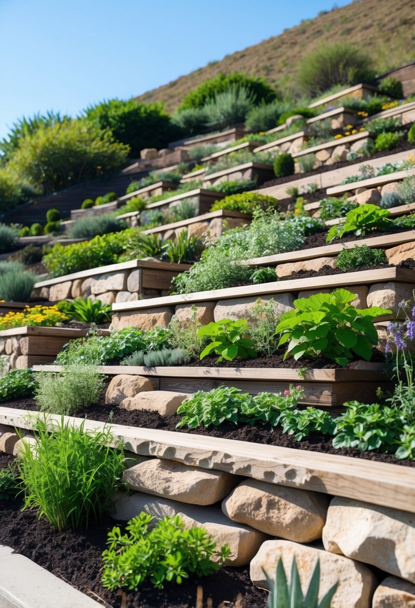 A hillside garden with terraced beds containing green plants and flowers, designed to prevent erosion and create flat planting areas.