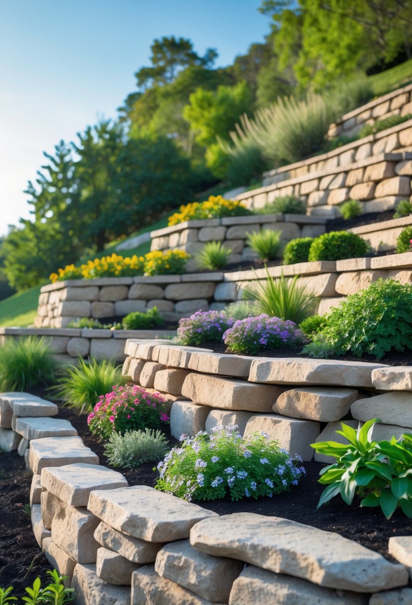 A hillside garden with stone retaining walls supporting terraced planting beds filled with green plants and flowers.