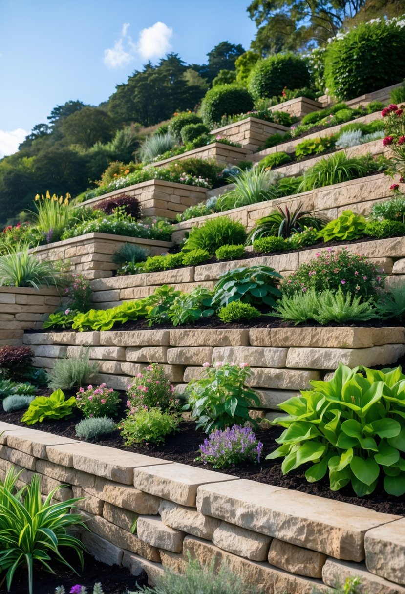 Terraced garden beds on a hillside with natural stone retaining walls and various plants.