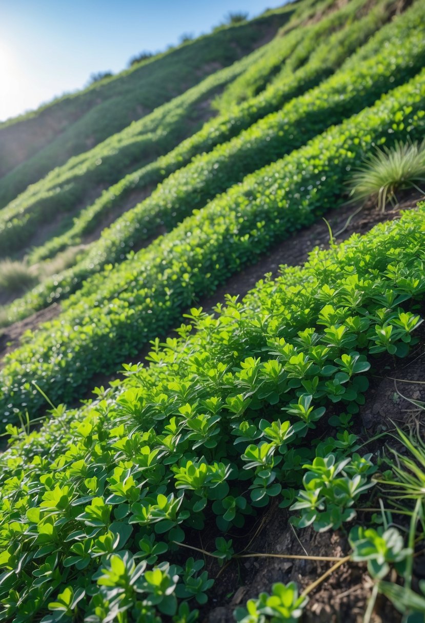 A hillside covered with dense green creeping thyme plants stabilizing the soil under a clear blue sky.