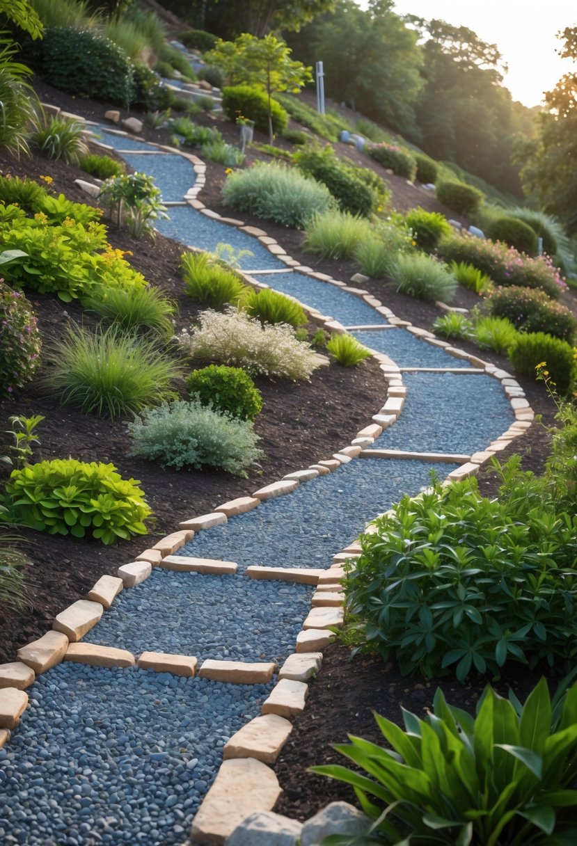 A hillside garden with gravel paths winding through plants and shrubs, improving access and reducing mud.