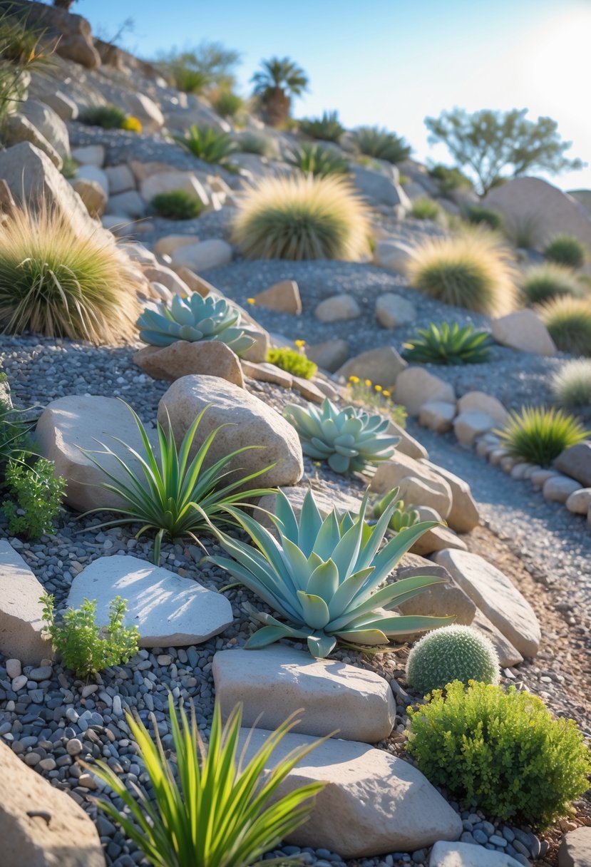 A rock garden on a steep hillside with drought-tolerant plants and natural rocks arranged among gravel pathways.