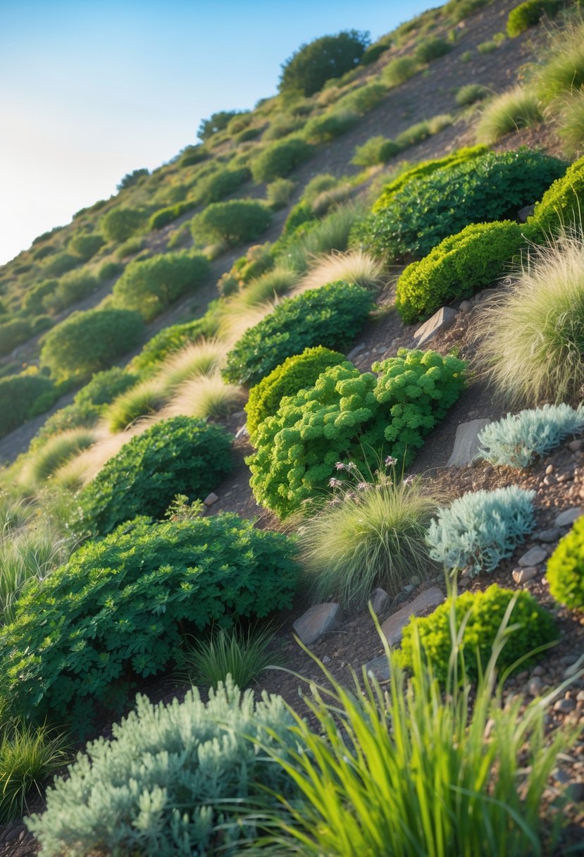 A hillside garden with native shrubs and grasses planted to prevent soil erosion and blend with the natural surroundings.